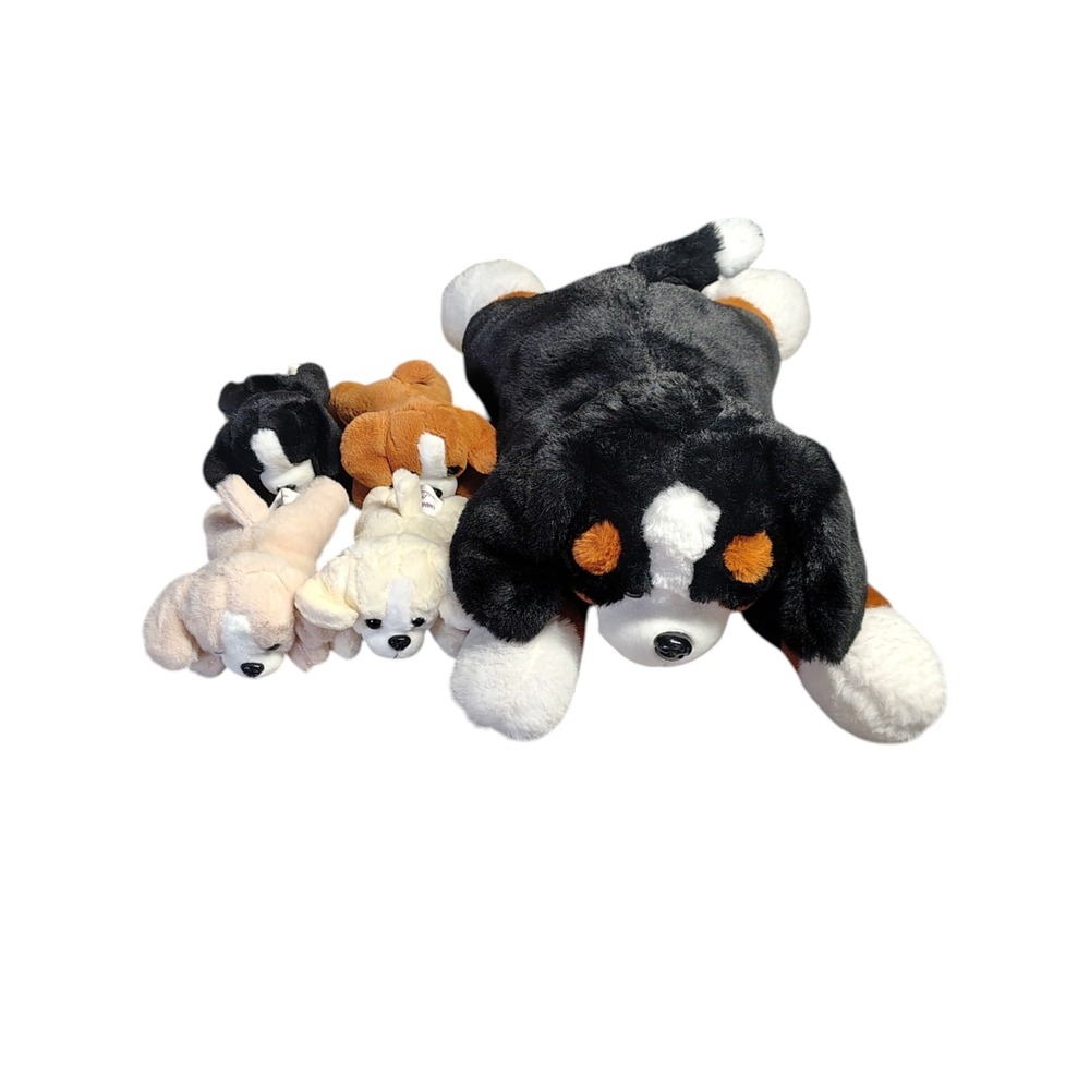5 Pieces Dog Stuffed Animals Mommy Dog w/ 4 Snug A‎ Babies Puppy Plush Zip Belly